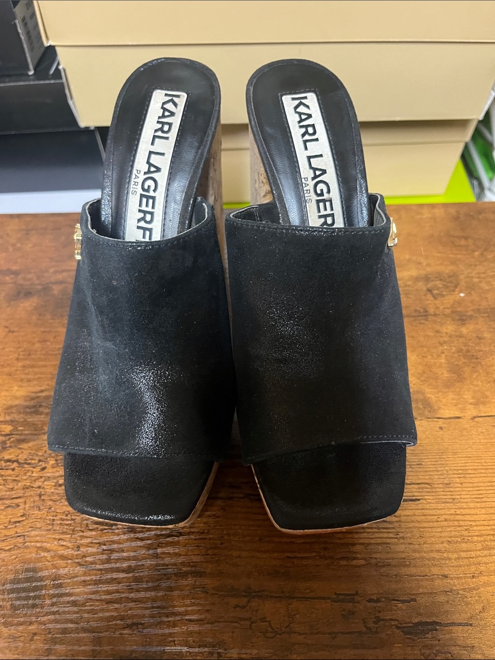 Karl Lagerfeld Black Suede Open-Front Block Heel Mules